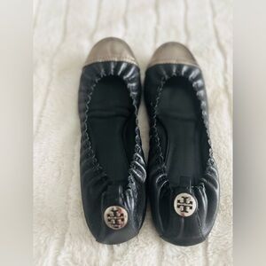 Tory Burch Black Flats with Gold Toe Caps